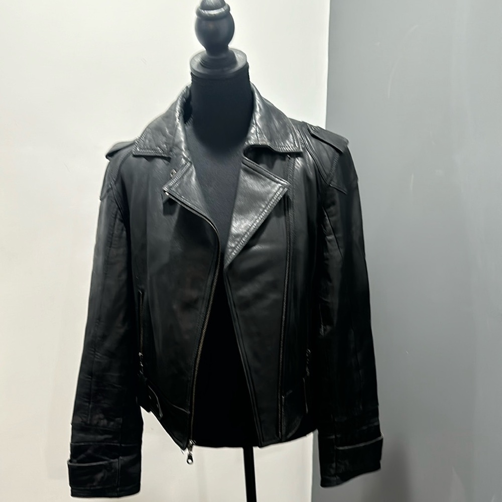 DKNY Women’s Black Genuine Lambskin Leather Moto Jacket, Size L